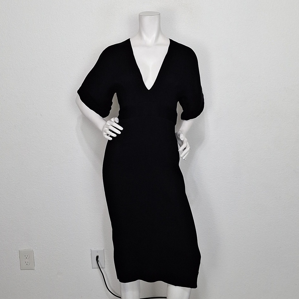 Topshop Black Ribbed Knit W/Open Back Bow Tie Midi Cocktail Dress Size US 6